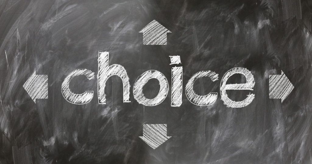A chalkboard with the word "choice", and arrows pointing up, down, left, and right. 