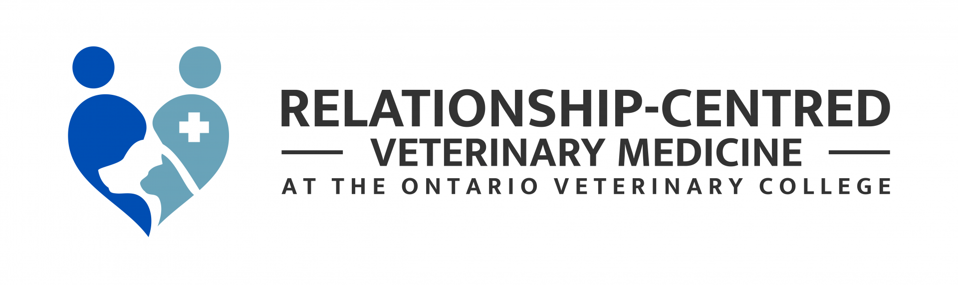 Logo of RCVM@OVC team, with an image of graphic heart on left side, where the two halves of the heart also look like two abstract people, and inside the heart are the profiles of a dog and a cat.  To the right of the image is the logo text, which says "Relationship-Centred Veterinary Medicine at the Ontario Veterinary College".