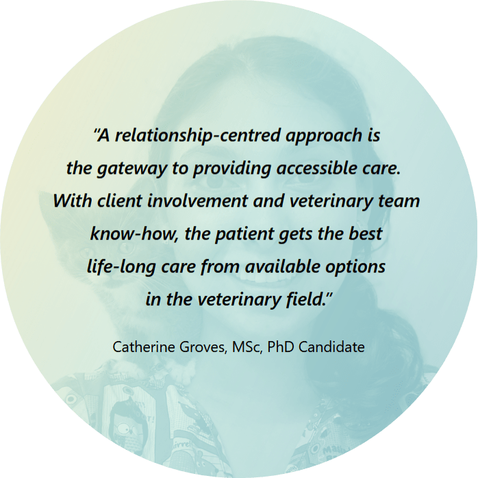 Quote that says, “A relationship-centred approach is the gateway to providing accessible care. With client involvement and veterinary team know-how, the patient gets the best life-long care from available options in the veterinary field.” Catherine Groves, MSc, PhD Candidate