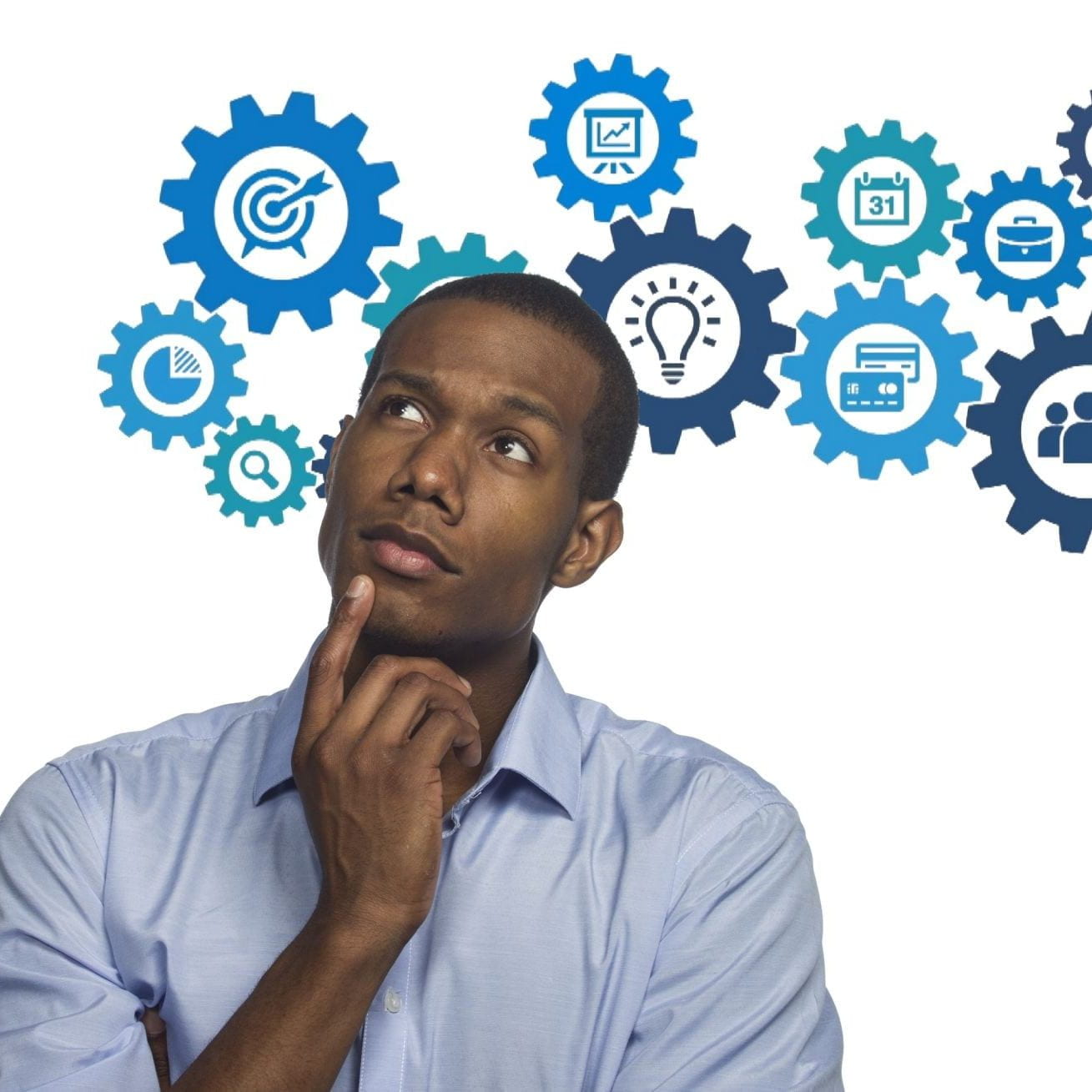 Young man in concentrated thought, considering many choices which are illustrated via graphic widgets surrounding his head.